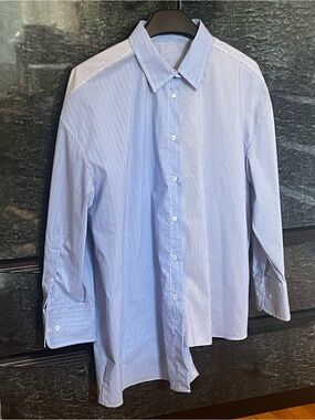 Zara Women’s Asymetrical Light Blue Pinstripe Button-Down Shirt